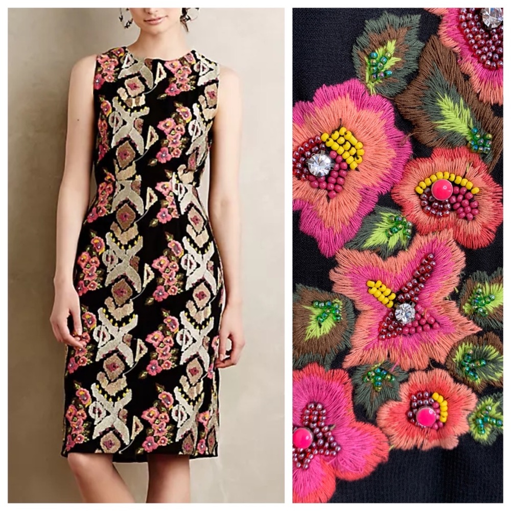 Anthropologie Korovilas Gilded Gardenpath Sheath Dress